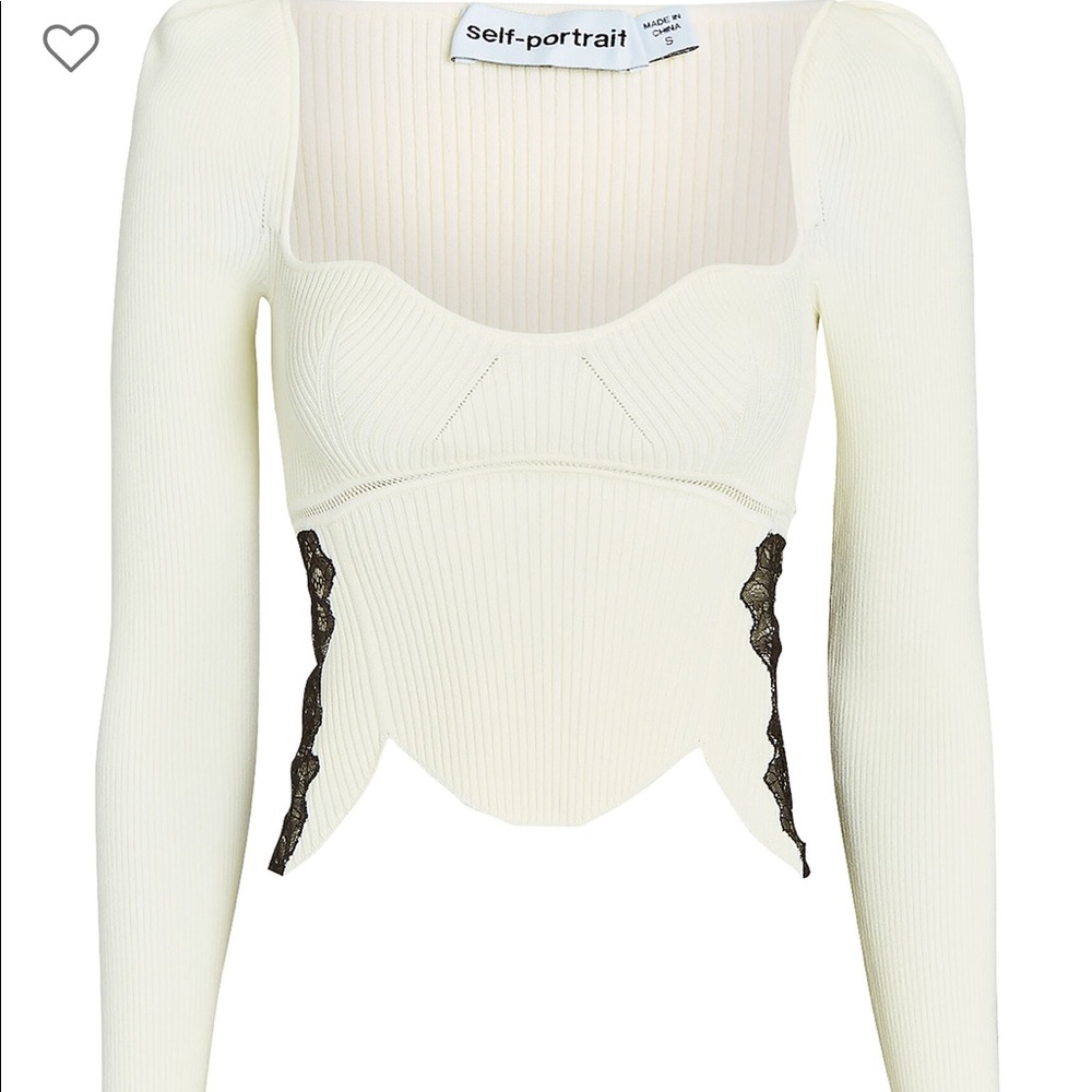 Self Portrait White Ribbed Sweater with Black Lace Detail - Size M
